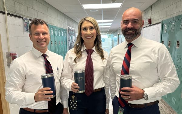 Getting in the spirit.  Dr. Herr, Mrs. Pillitier and Mr. Bookamer dressed as triplets on Twin Day.